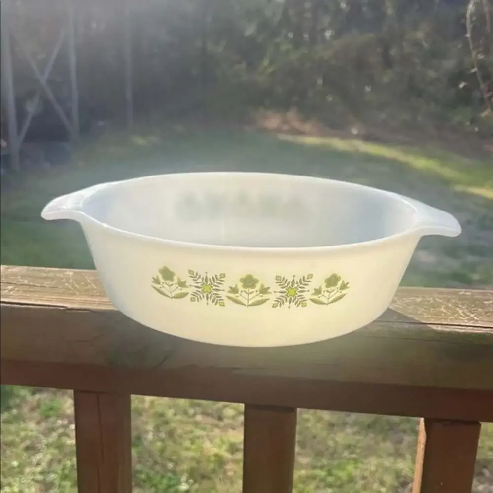 Anchor hocking Fire King USA Meadow green flowers 437 baking dish 1.5